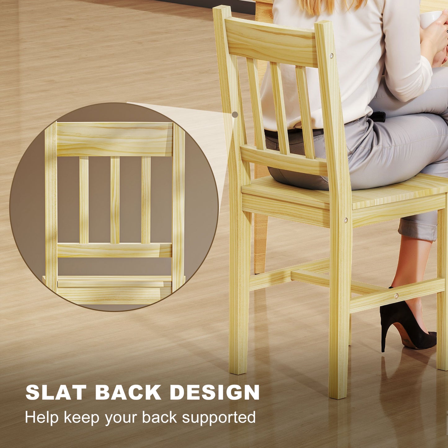 HOMCOM Dining Chairs Set of 2 Natural Pine Wood Slat Back Kitchen and Dining Room Chairs