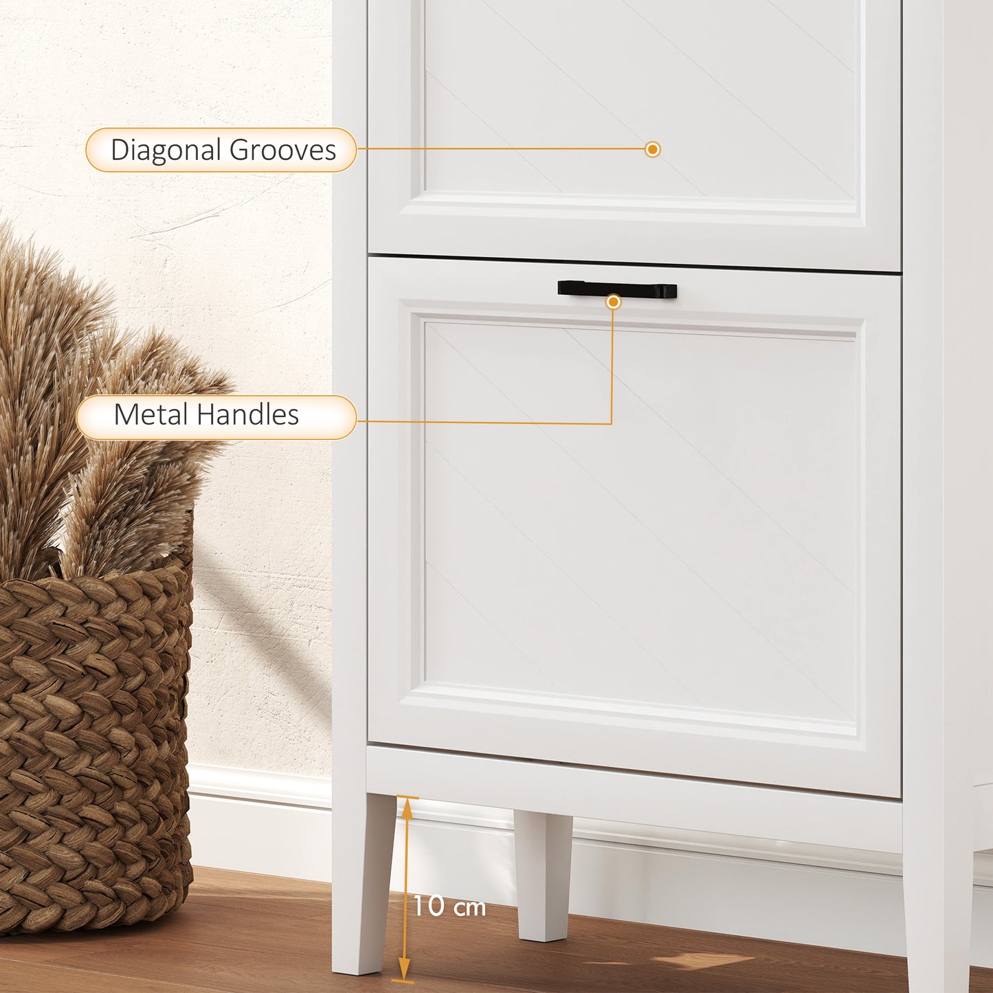 HOMCOM Narrow Shoe Cabinet With 2 Flip Drawers And Adjustable Shelves White Farmhouse Style