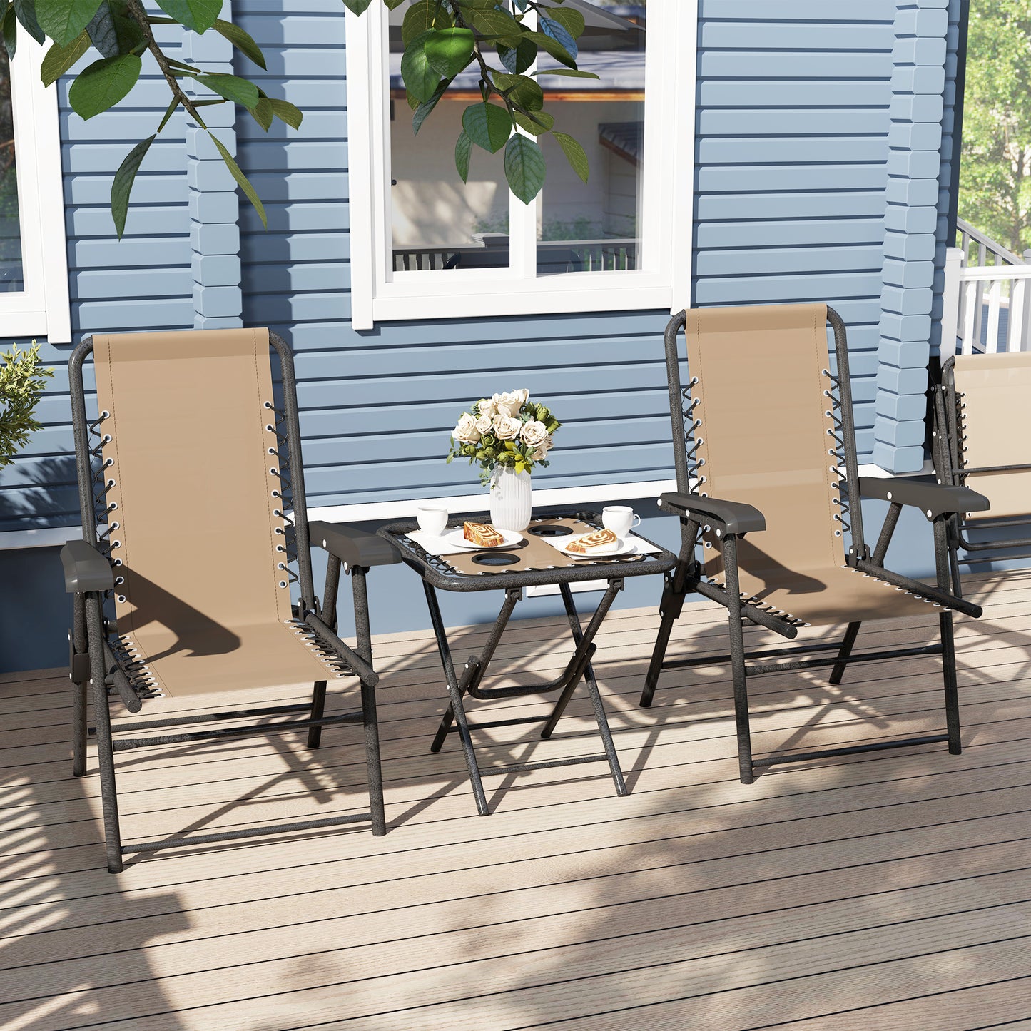 Outsunny Three Piece Garden Table And Chair Set In Khaki With Powder Coated Steel Frame And Textiline Fabric