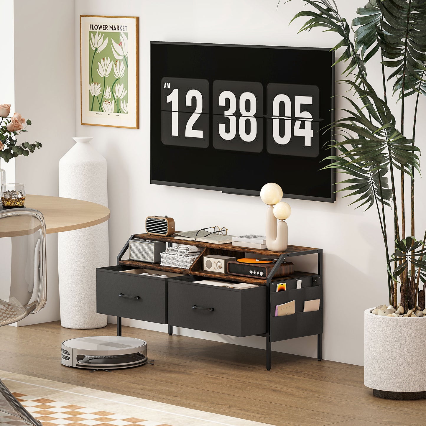 HOMCOM Industrial Style TV Stand Cabinet Brown For 55 Inch TV With Two Drawers Shelves And Side Pockets