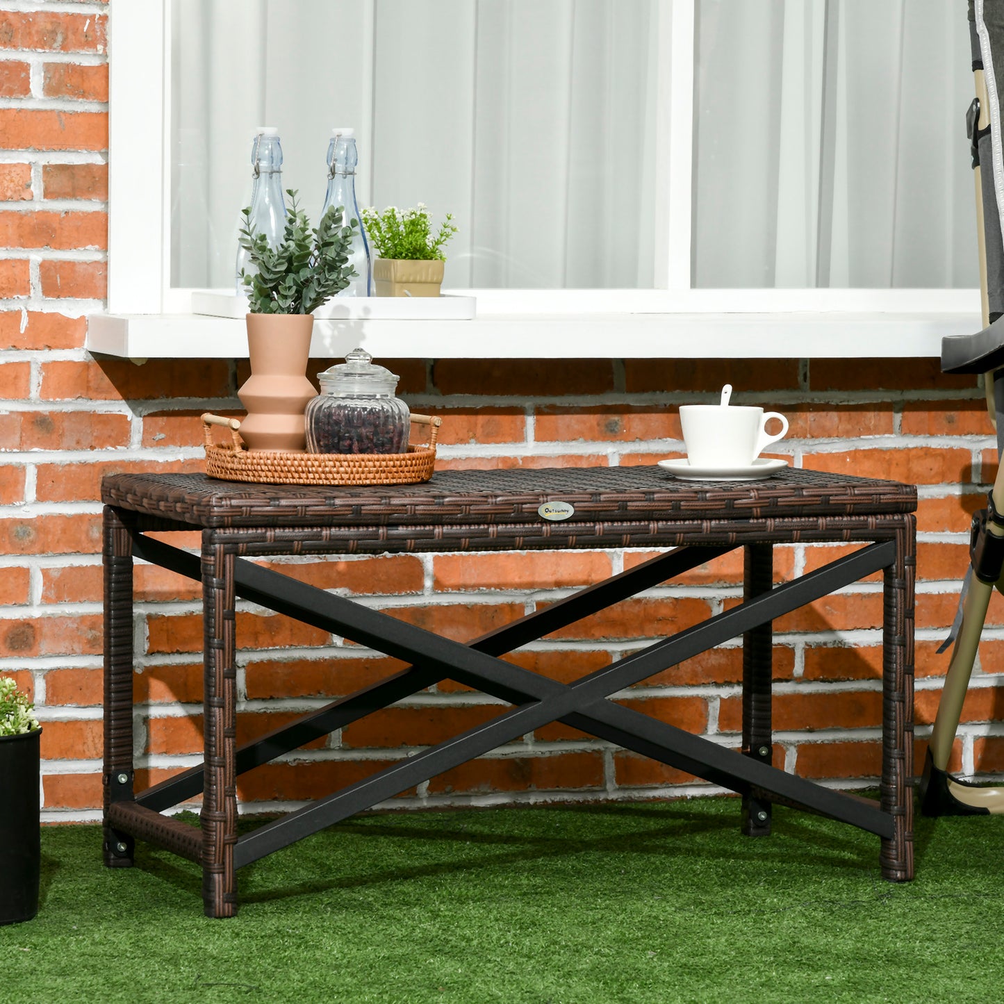 Outsunny PE Rattan Garden Side Table, Outdoor Coffee Table with X-Shape Frame, Mixed Brown