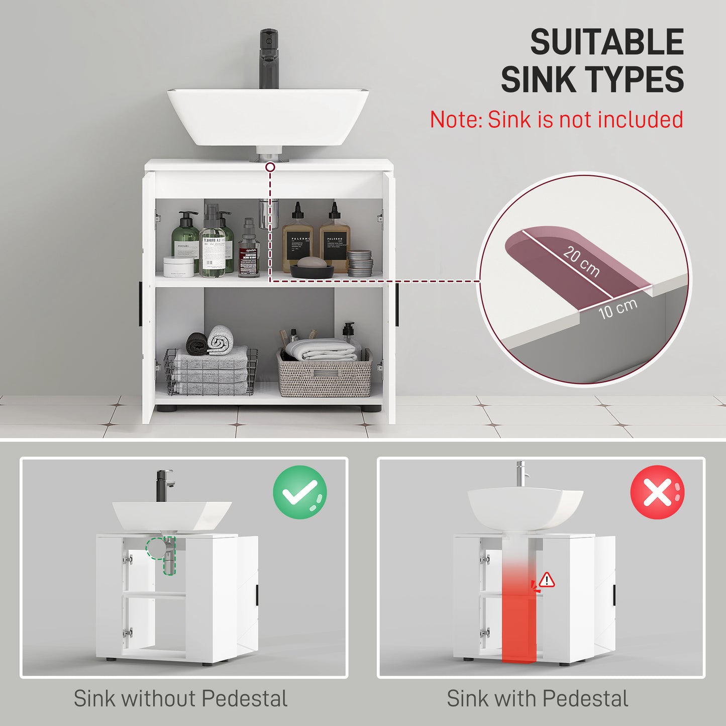 Kleankin Under Sink Cabinet With Shelf White Bathroom Storage Organizer Under Sink