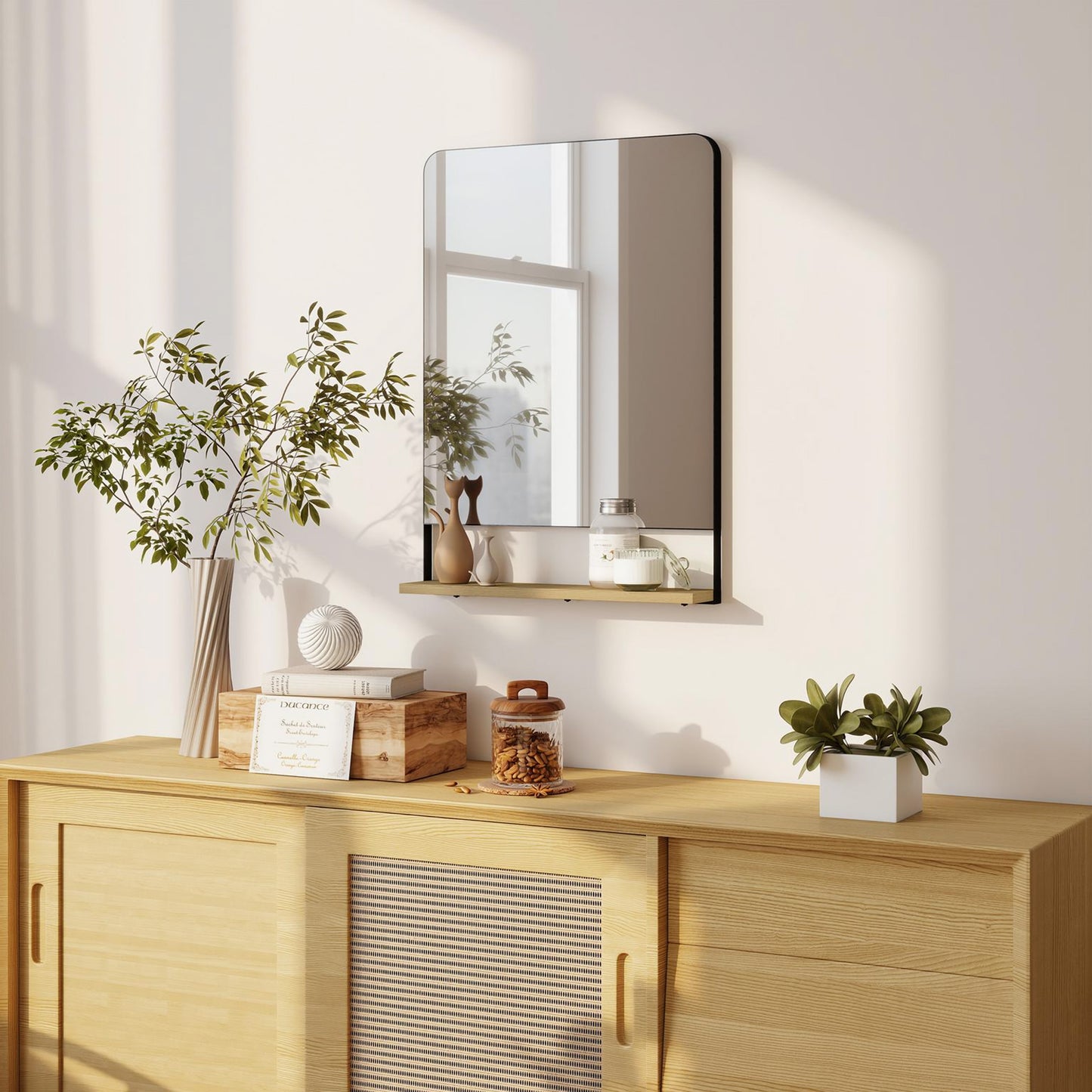 HOMCOM Wall Mirror With Wood Shelf Black Industrial Metal Frame Entryway Organizer And Decor