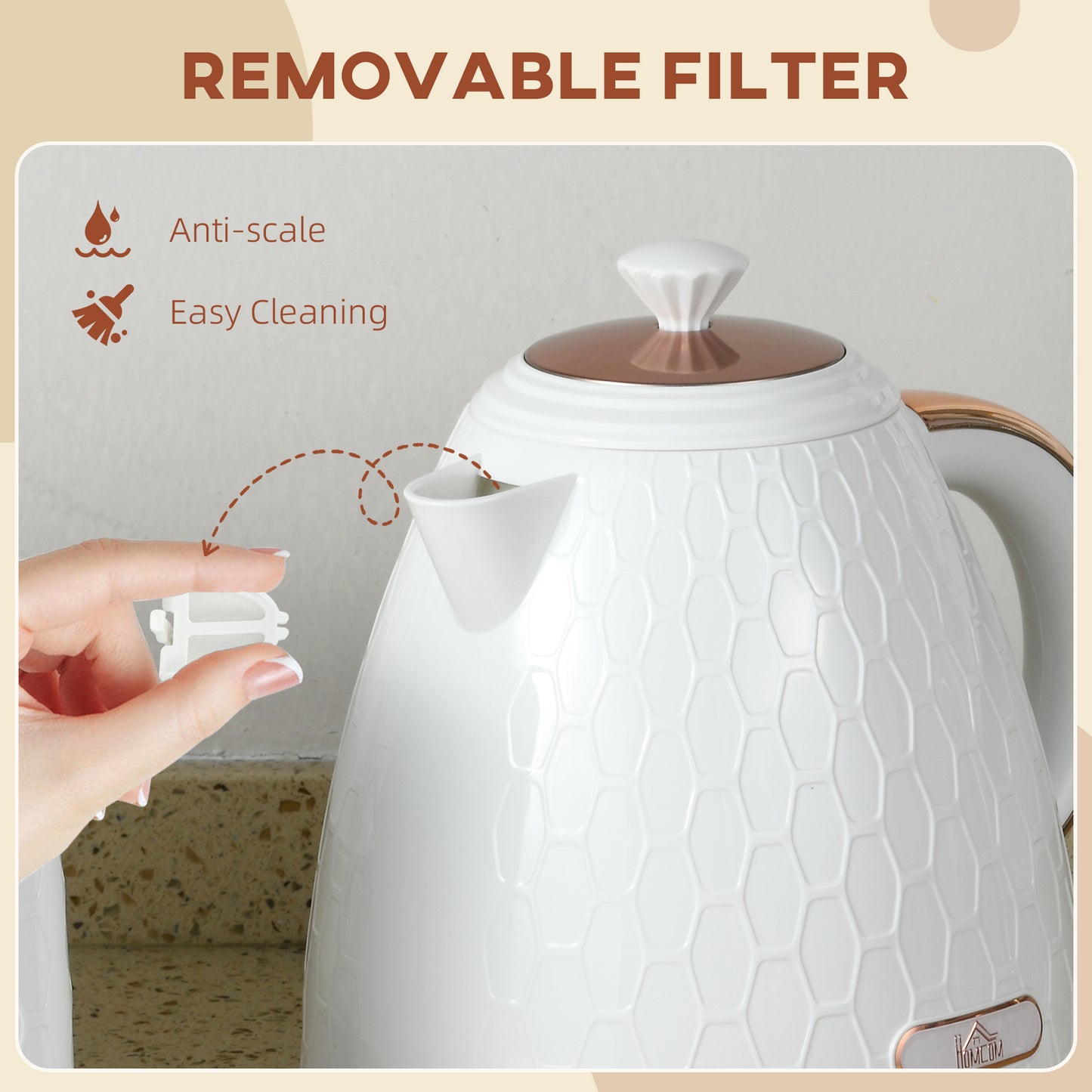 HOMCOM 3kW Rapid Boil Honeycomb Electric Kettle Cream Finish Fast Boiling Tea Coffee