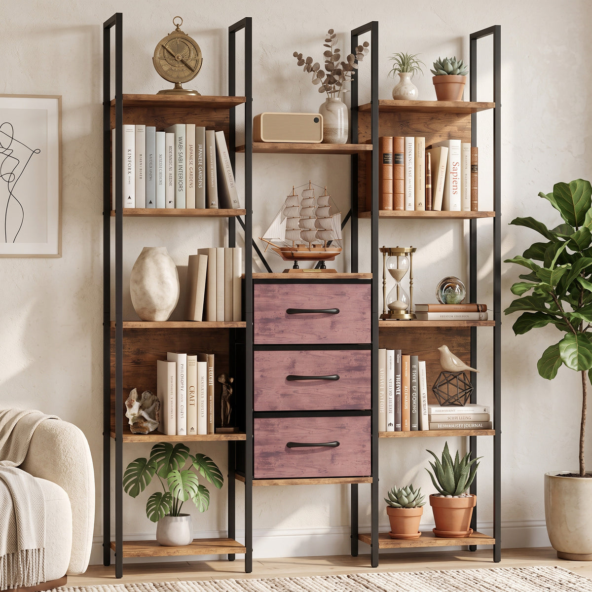 Homcom 5 Tier Bookshelf With Drawers And Open Shelves Brown
