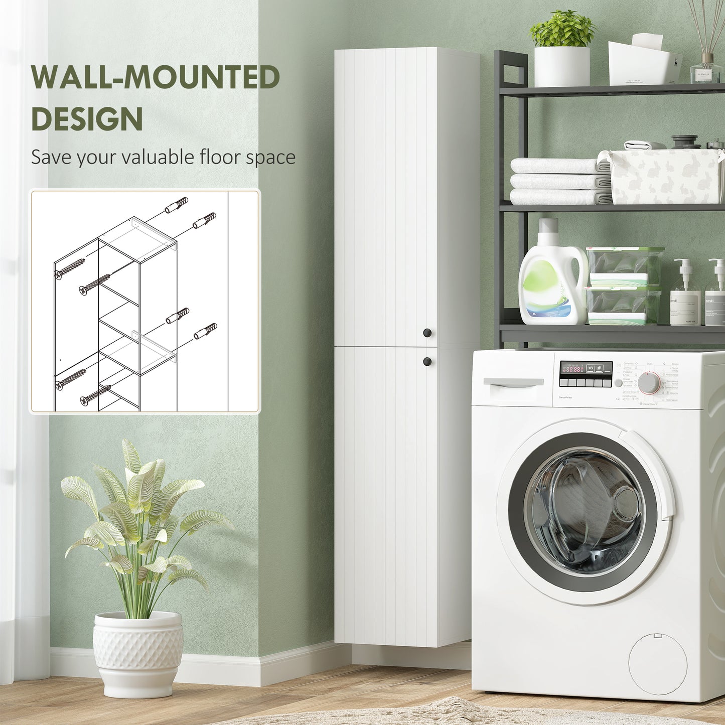 HOMCOM Wall Mounted Tall Bathroom Storage Cabinet With Soft Close Hinges Slim Two Door Bathroom Cabinet White