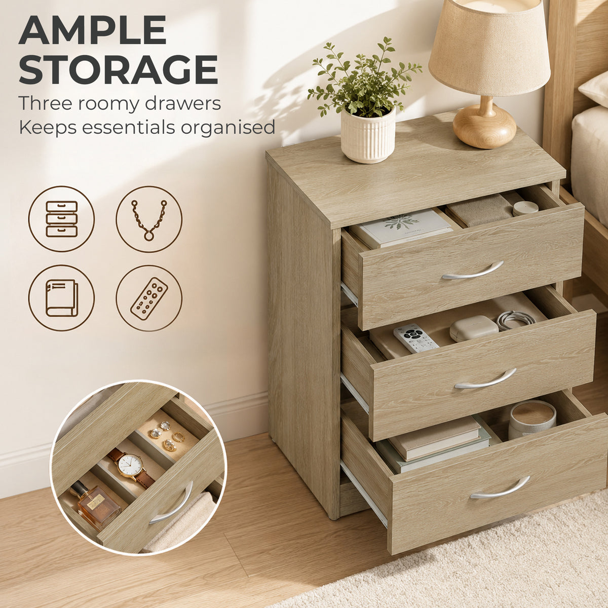 HOMCOM Oak Three Drawer Bedside Table Nightstand with Storage