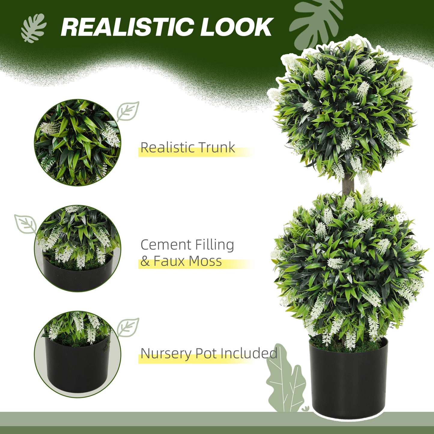 HOMCOM Set Of 2 Decorative Artificial Lavender Ball Topiary Trees In Pots For Indoor Outdoor Decor 70cm White