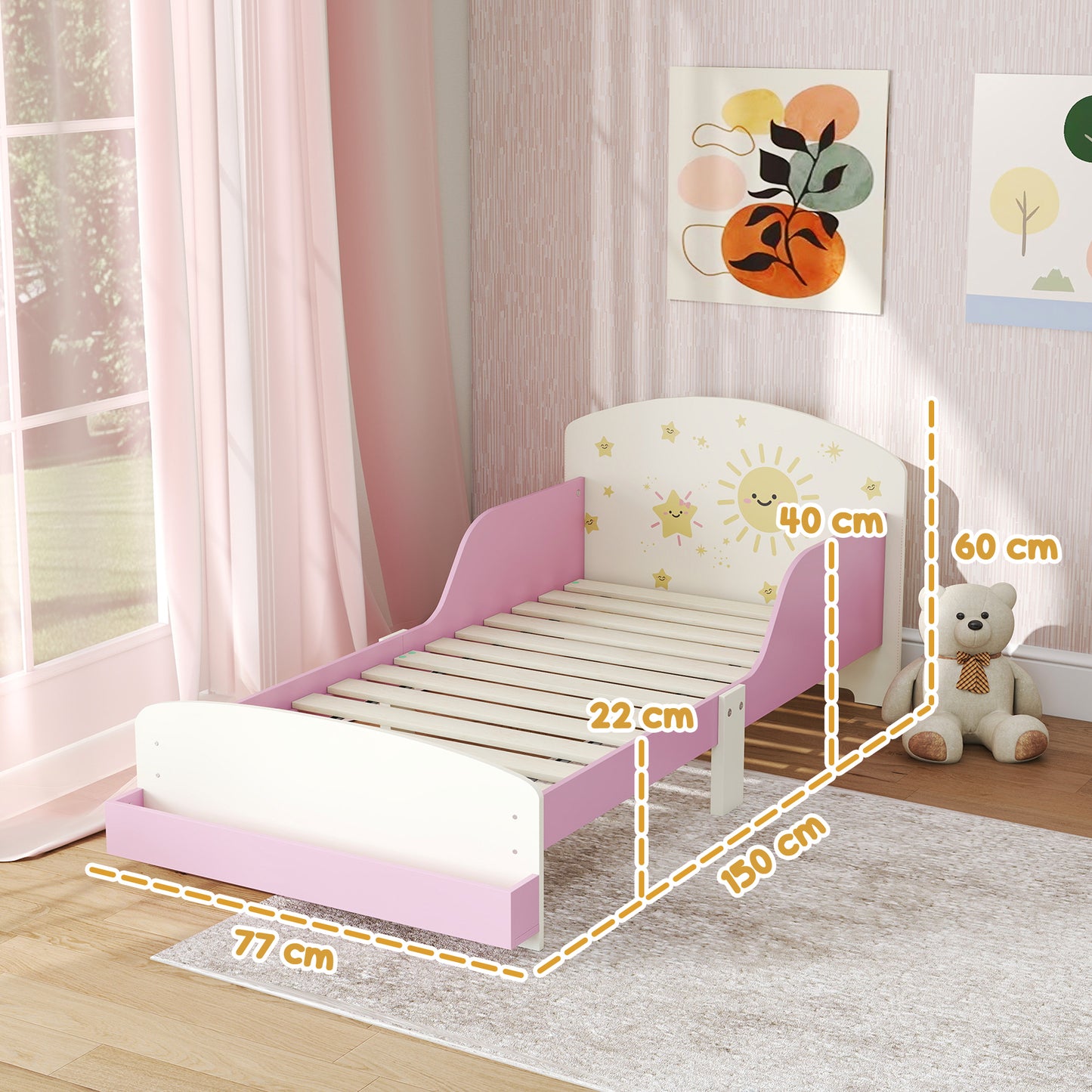 AIYAPLAY Toddler Bed With Storage And Guardrails Sun Design Fits 140 x 70cm Mattress For Ages 3-8