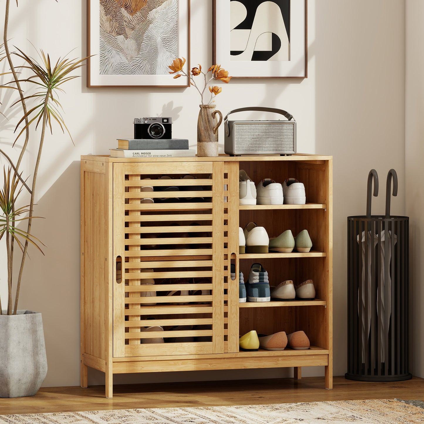 Homcom Bamboo Shoe Cabinet With Two Sliding Slat Doors And Adjustable Shelves For 16 Pairs Natural Finish