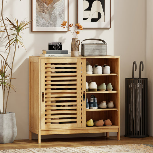 Homcom Bamboo Shoe Cabinet With Two Sliding Slat Doors And Adjustable Shelves For 16 Pairs Natural Finish