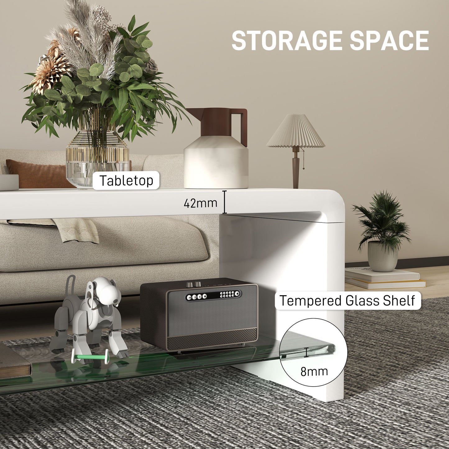 HOMCOM Curved Two Tier Coffee Table With High Gloss White Finish And Two Storage Levels