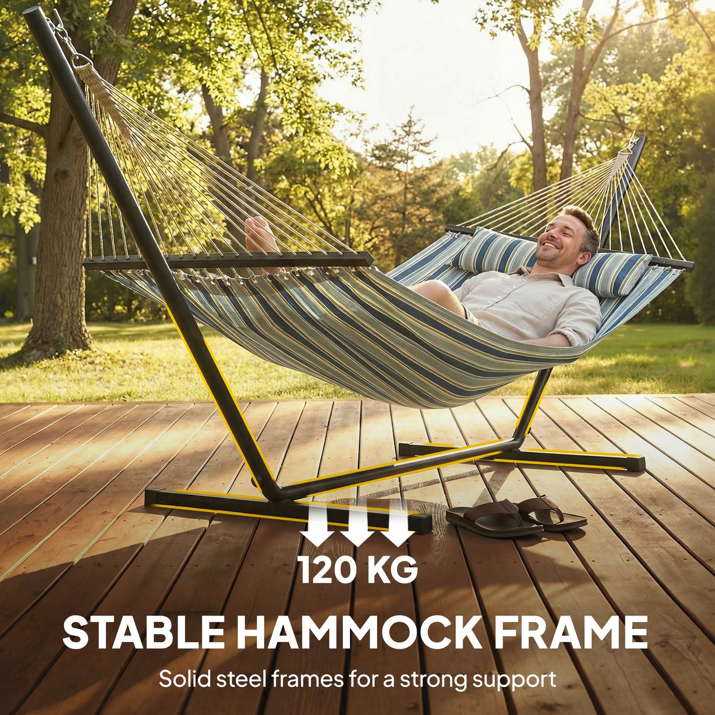 Outsunny Outdoor Hammock With Stand Detachable Pillow Striped Swing Steel Frame Green For Garden And Patio
