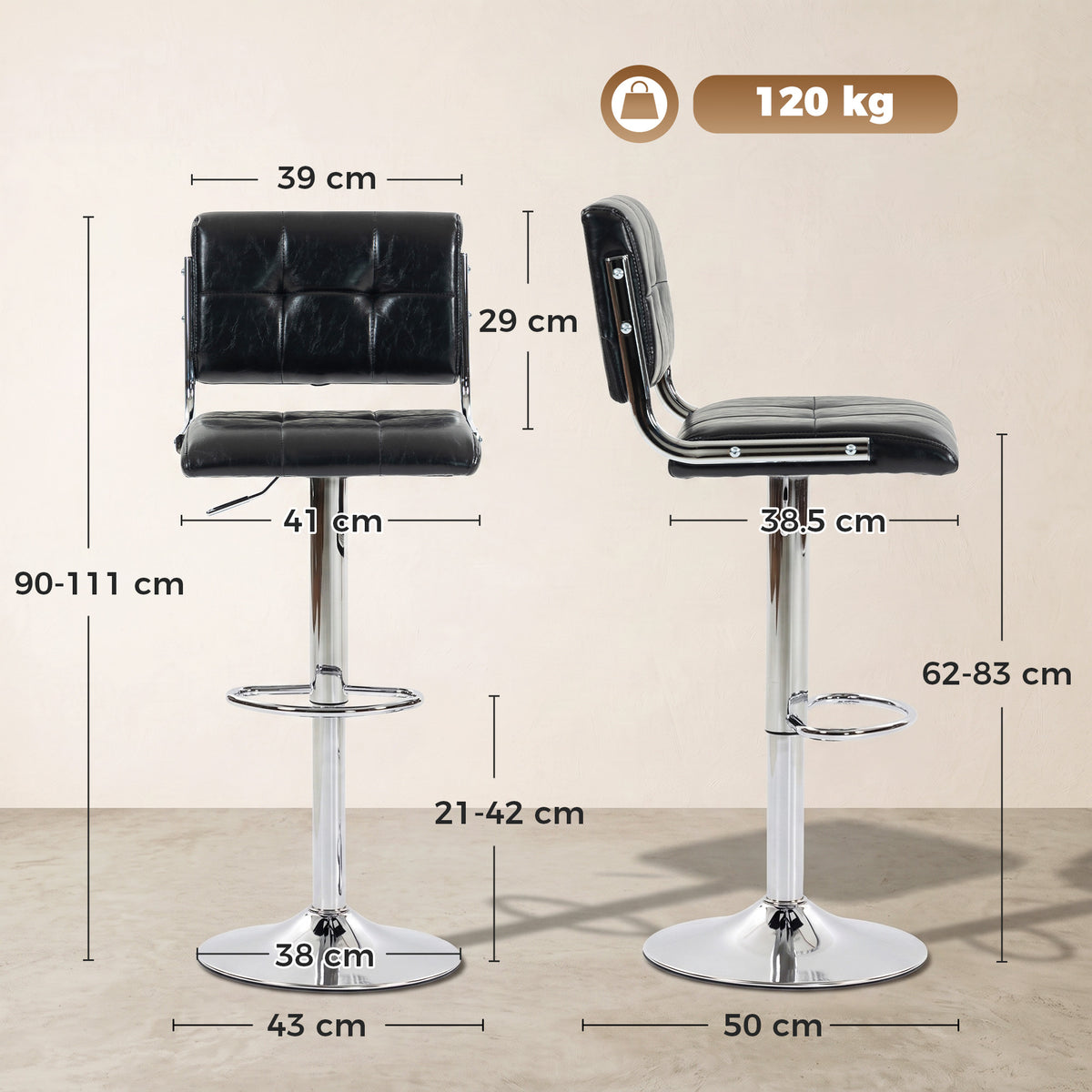 Black square-tufted PU leather bar stools with backrest, chrome footrest, with dimensions