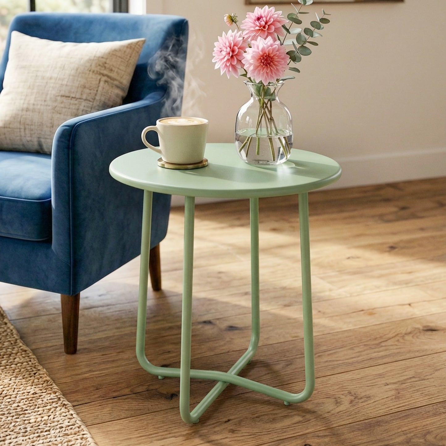 Outsunny 48 Cm Round Metal Outdoor Garden Side Table With Rolled Edge And Adjustable Foot Pads Rust Resistant Green