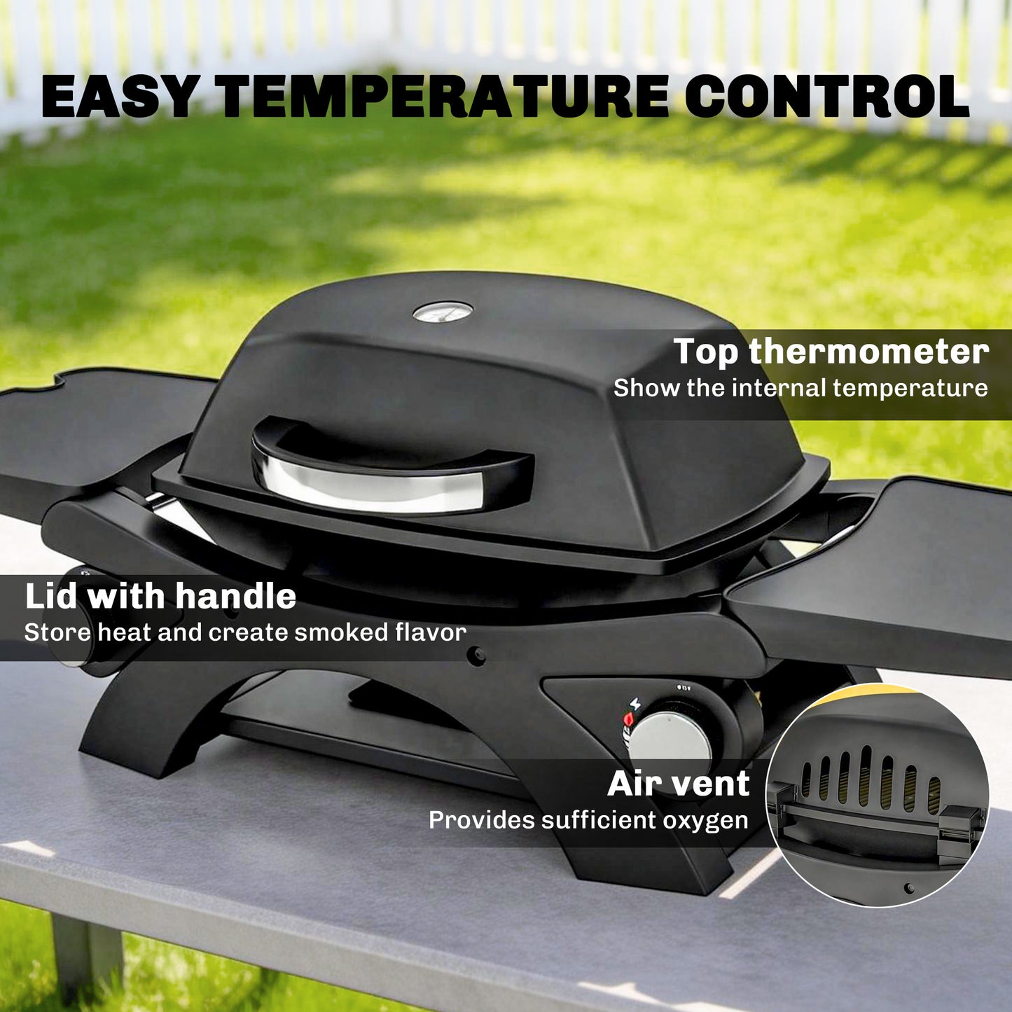 Outsunny 2 Burner Gas Grill With Detachable Side Tables 3.8 KW Steel BBQ Grill Cast Iron Grates Lid And Thermometer