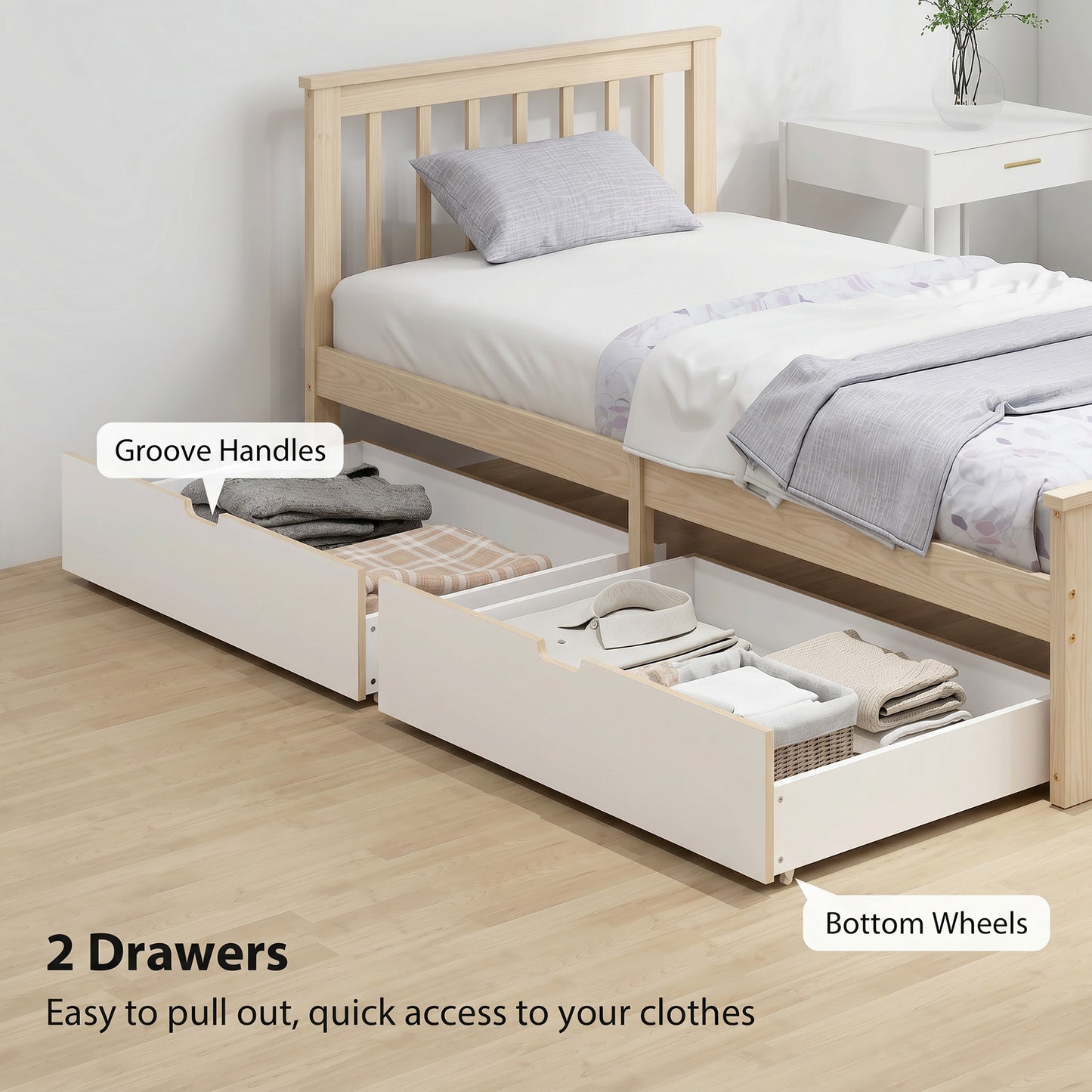 HOMCOM Pine Storage Bed 3ft Single Solid Wooden Bed Frame With Drawers And Headboard Natural Wood Finish