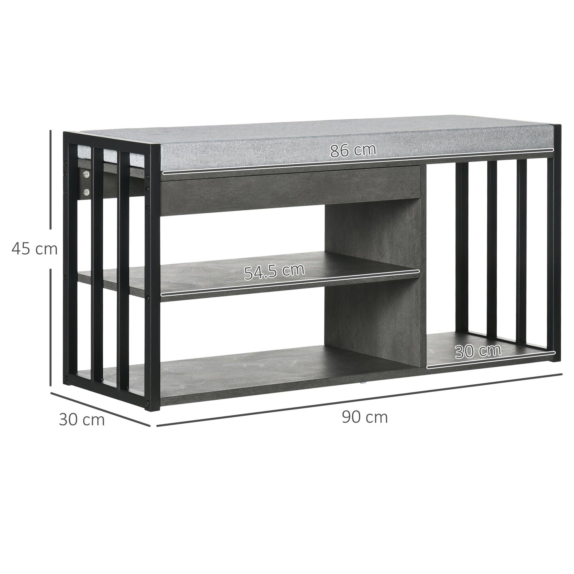 HOMCOM Shoe Storage with Seat, Upholstered Entryway Bench, Shoe Bench with 3 Open Shelves for Hallway, Grey - ALL4U RETAILER LTD