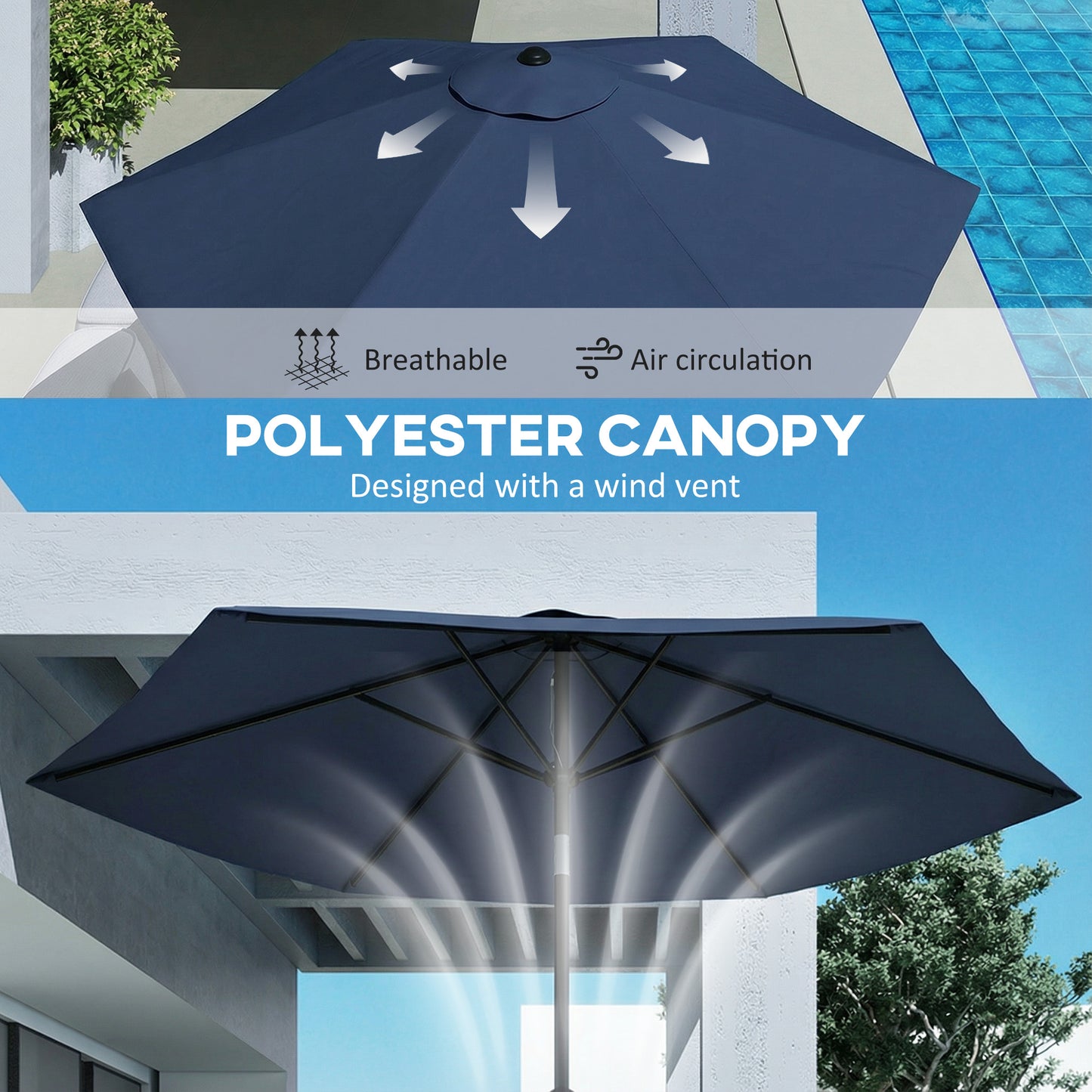 Outsunny 2.6 m Garden Parasol Umbrella With Aluminium Pole Outdoor Patio Umbrella Tilt Crank Vent Navy Blue