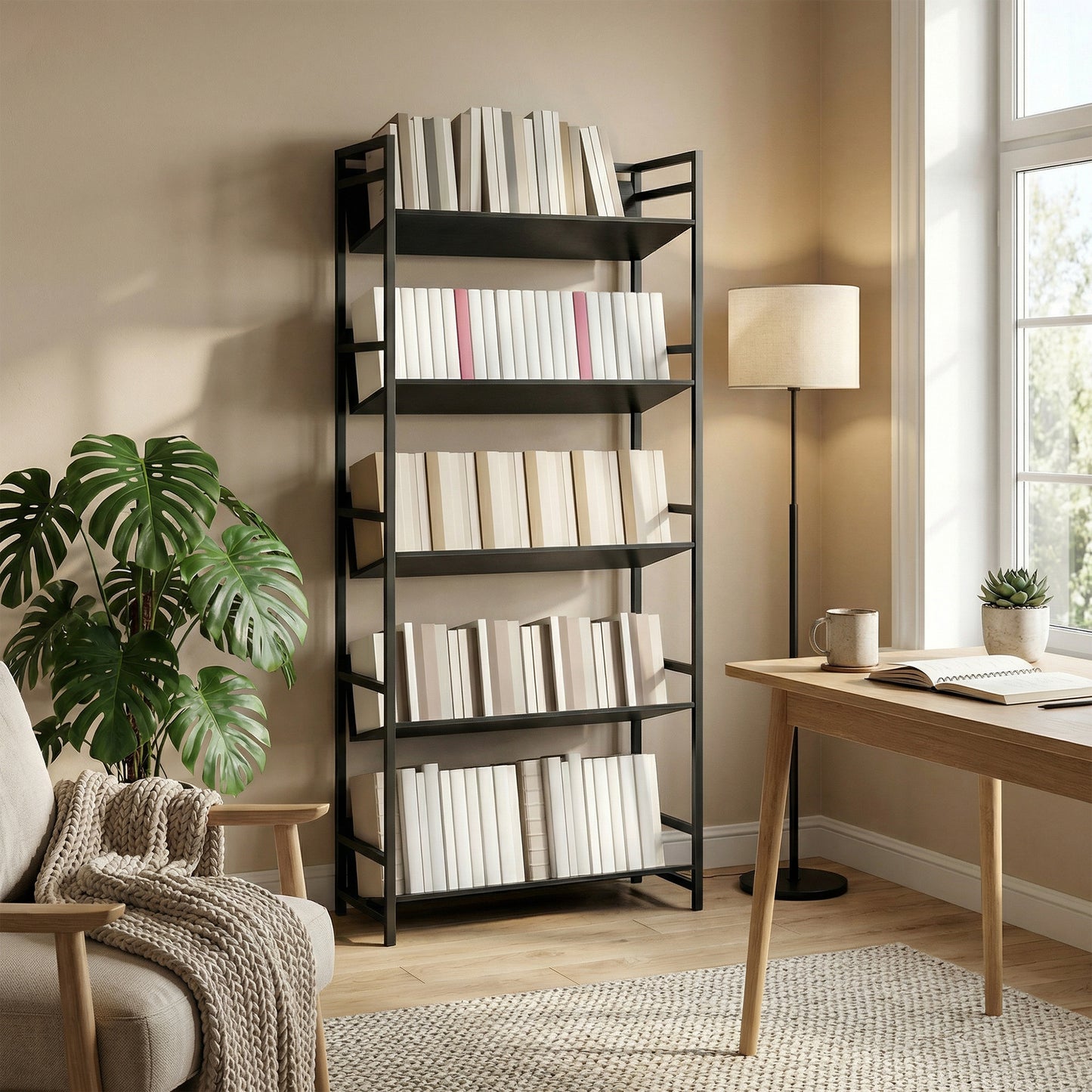 HOMCOM 5 Tier Metal Frame Bookcase Storage Shelves for Living Room Black Ideal for Organizing Books and Decor