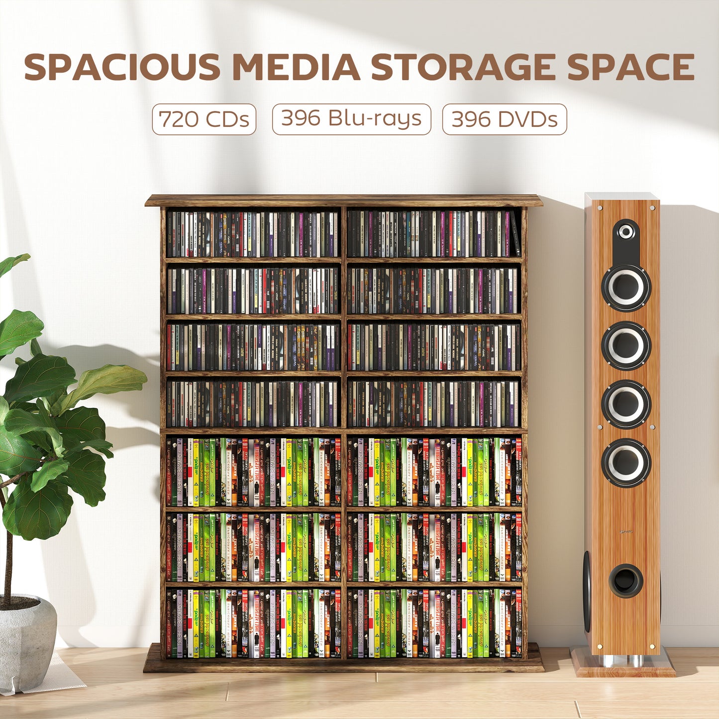 HOMCOM 16 Compartment Media Shelf Rustic Brown with Adjustable Shelves Holds 720 CDs 396 DVDs Blu Rays