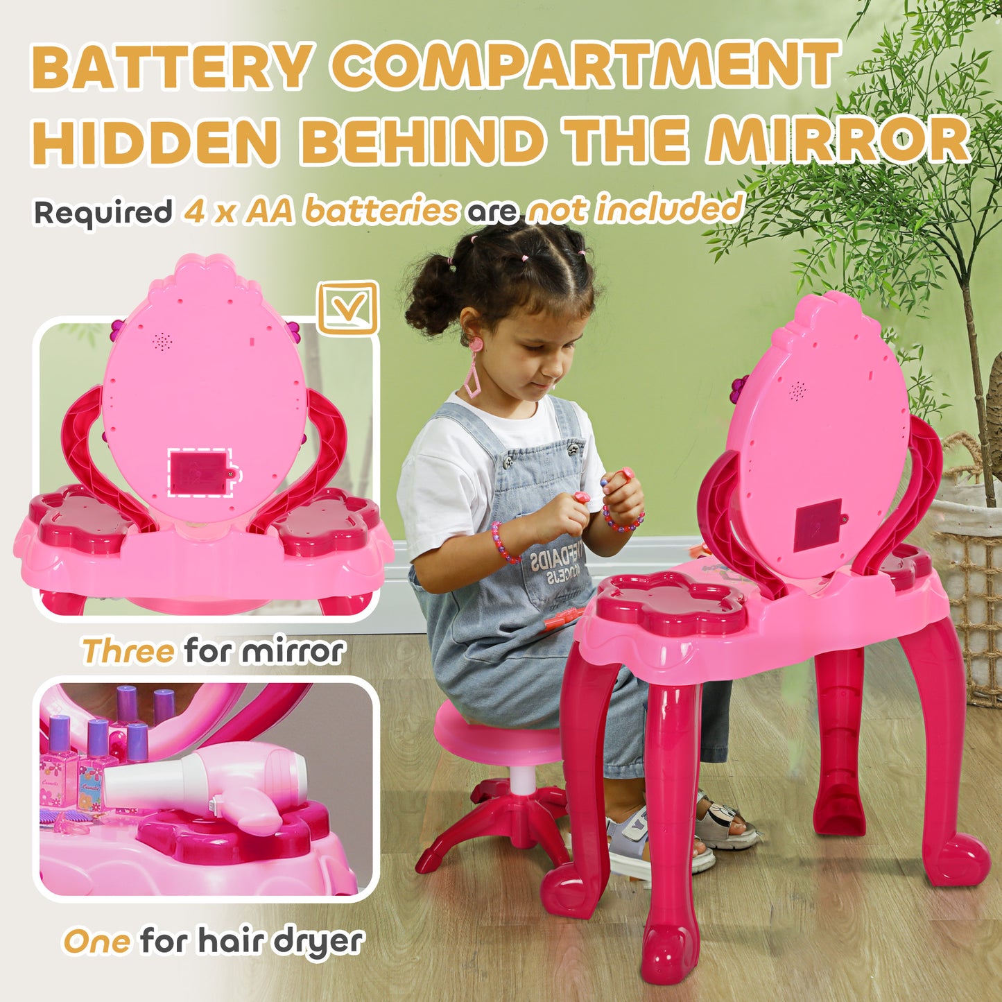 AIYAPLAY Pink Kids Vanity Set with Interactive Mirror, Music, and Accessories for Ages 3-6