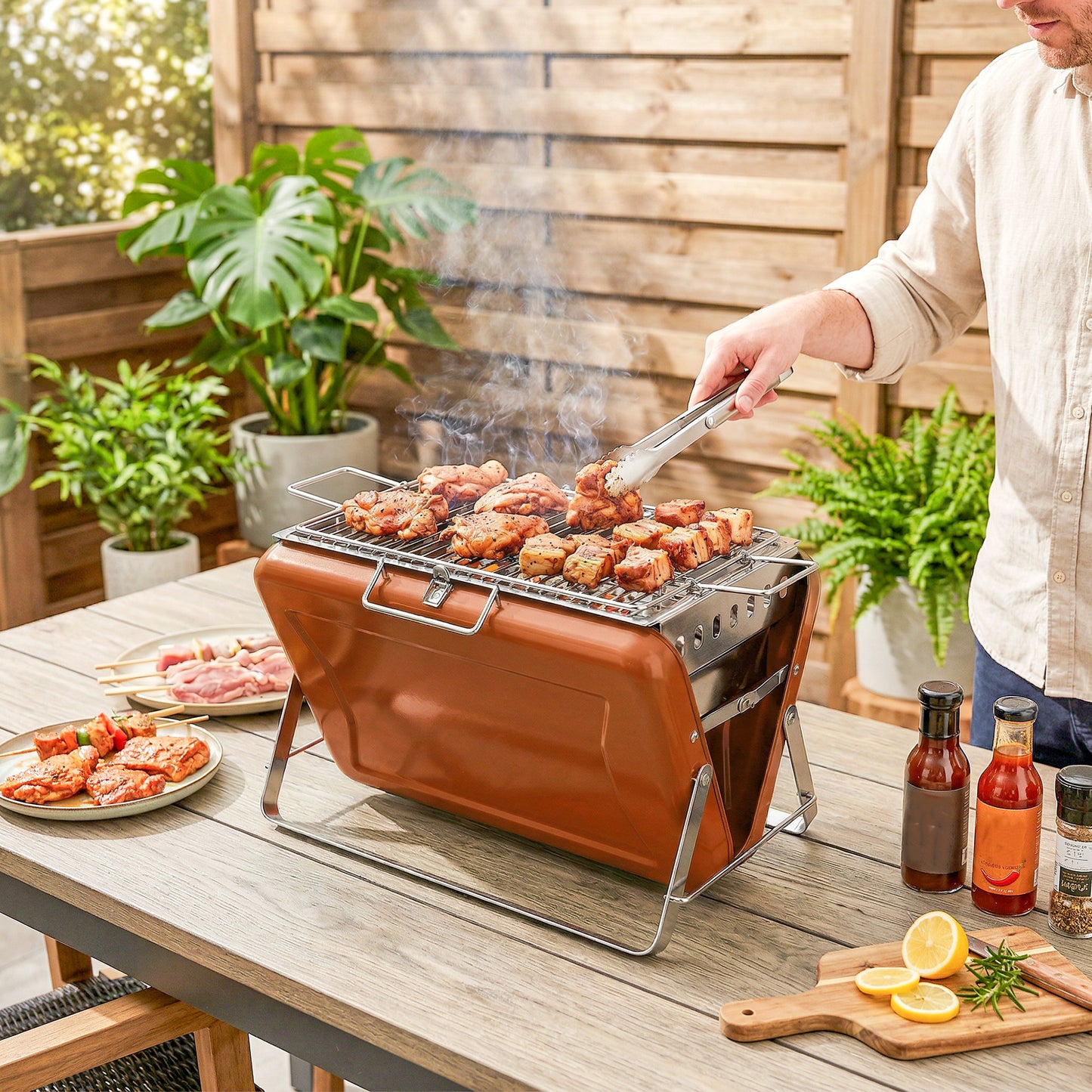 Outsunny Portable Charcoal BBQ Grill Stainless Steel Tilting Grate For Camping Picnic Garden Orange