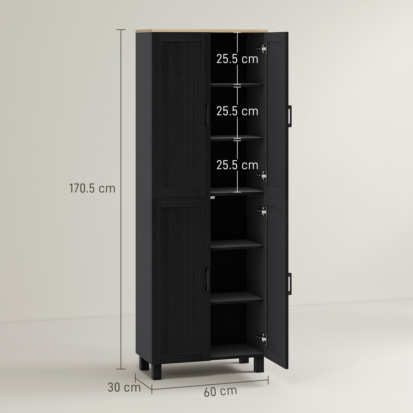 HOMCOM Freestanding 4-Door Kitchen Cupboard With Adjustable Shelves Tall Storage Cabinet 170cm Black