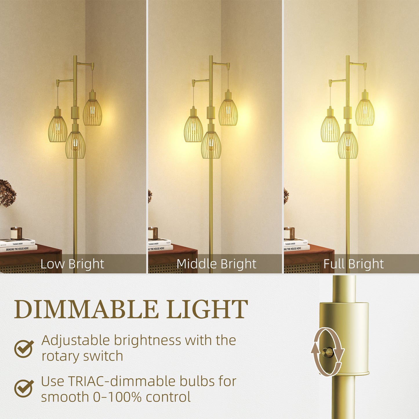 HOMCOM Three Light Floor Lamp 170cm Living Room Dimmable Standing Lamp With Steel Wire Cage Lampshades Gold Tone