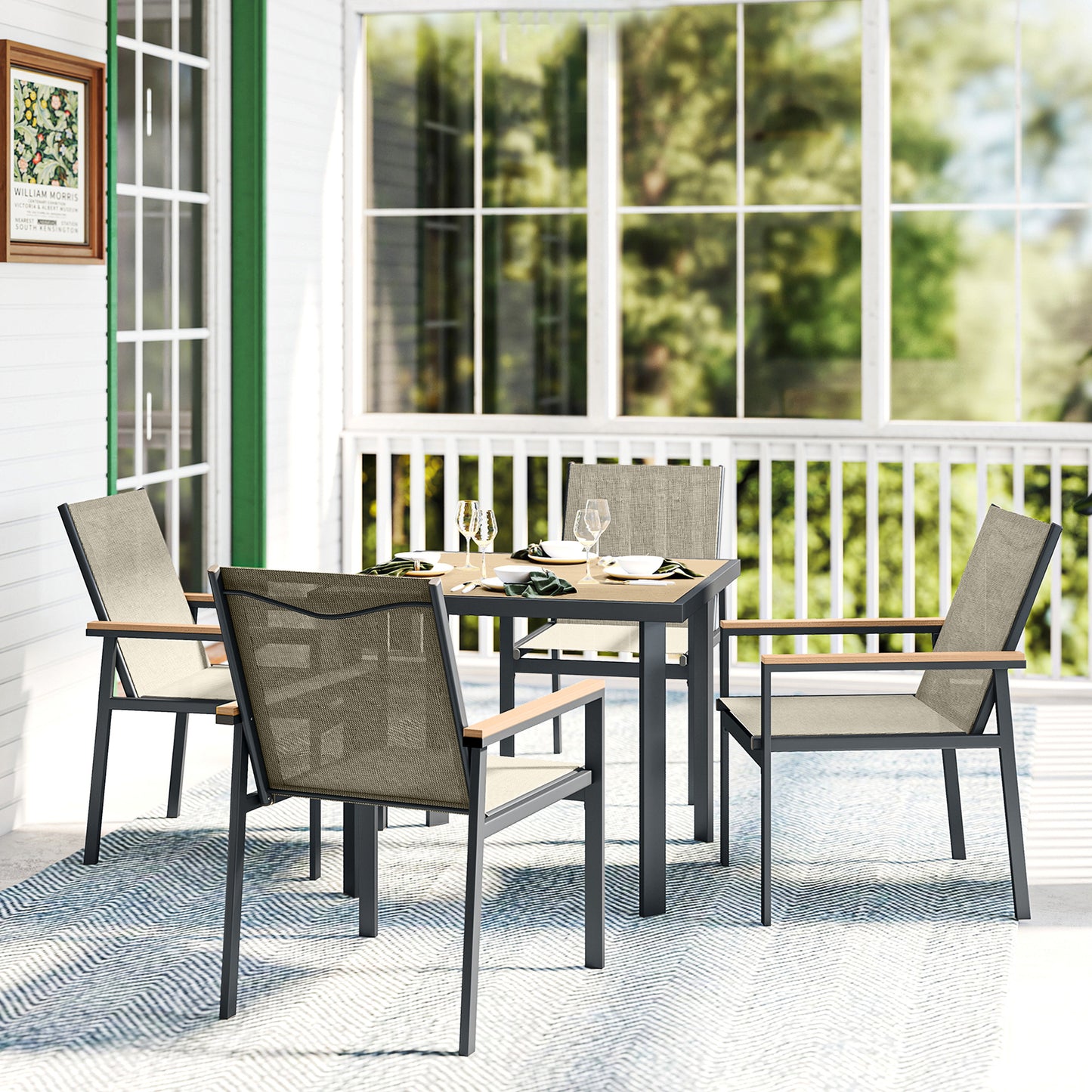 Outsunny Five Piece Metal Outdoor Dining Set With Glass Top Square Table In Khaki