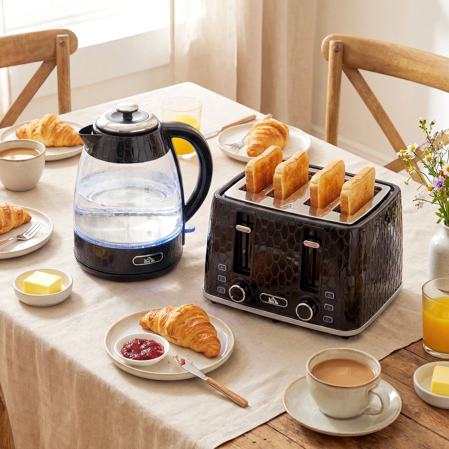 HOMCOM Kettle And Toaster Set 1.7L 3000W Rapid Kettle With Strix Thermostat 4 Slice Toaster 7 Browning Controls Black