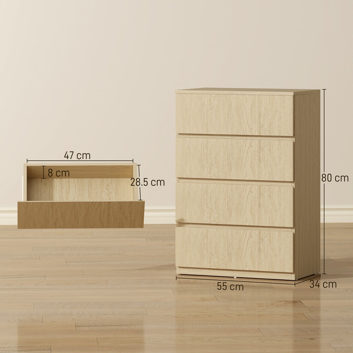 HOMCOM 4 Drawer Chest Of Drawers Modern Dresser For Bedroom Storage Cabinet With Smooth Finish