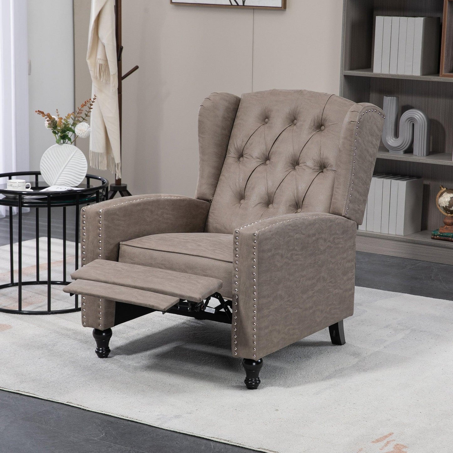 HOMCOM Studded Upholstered Reclining Armchair w/ Retractable Footrest Brown - ALL4U RETAILER LTD