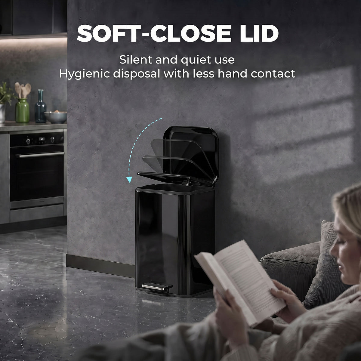 Kitchen pedal bin with soft-close lid, open for disposal, dark glossy body