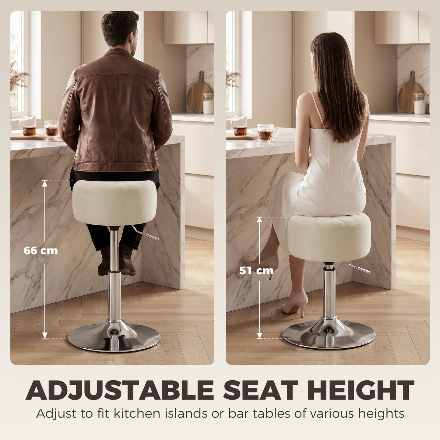 Homcom Adjustable Height Bar Stool Swivel Velvet Seat Kitchen Beige