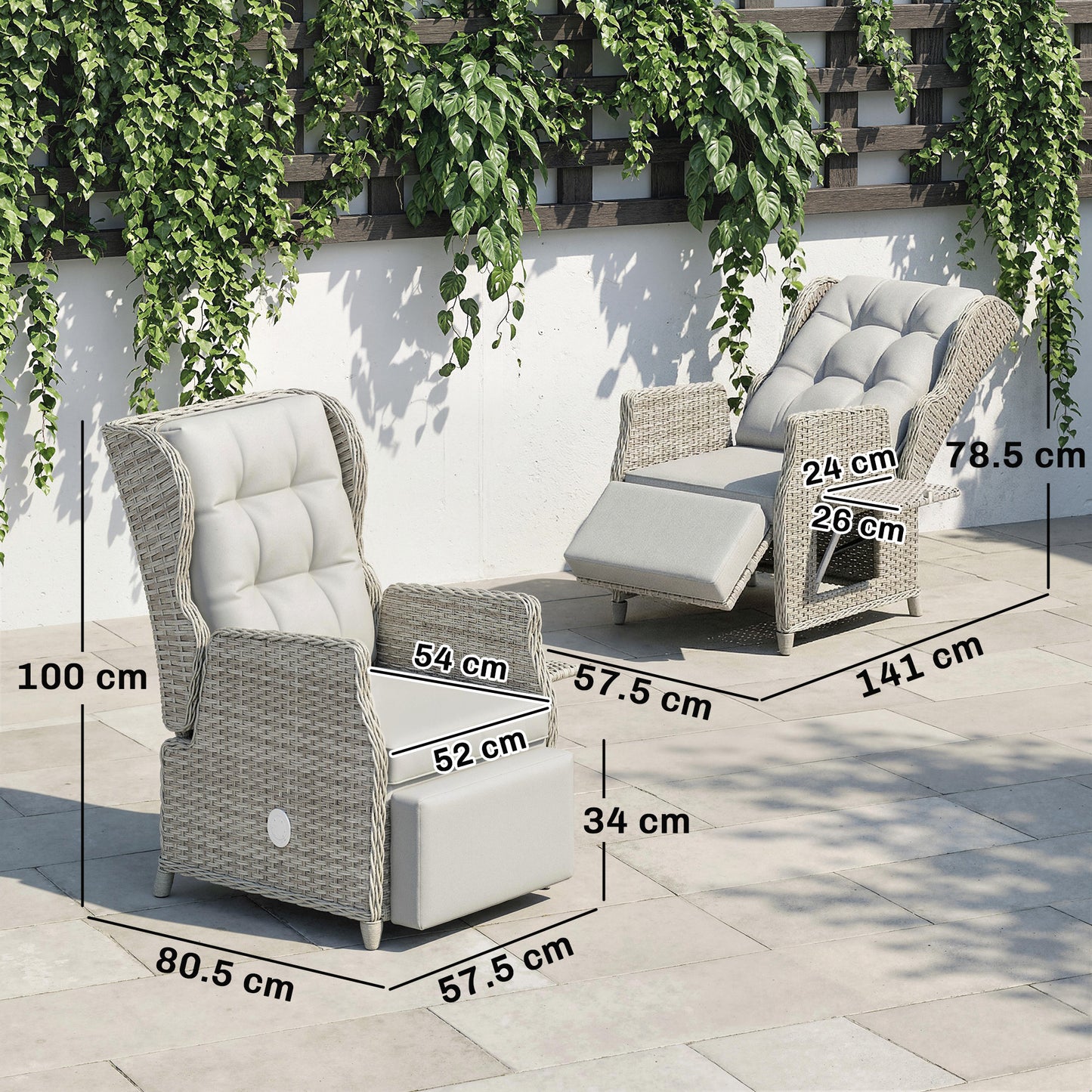 Outsunny Rattan Garden Recliner Chair With Adjustable Back and Footrest Flip Table Cushion Light Grey