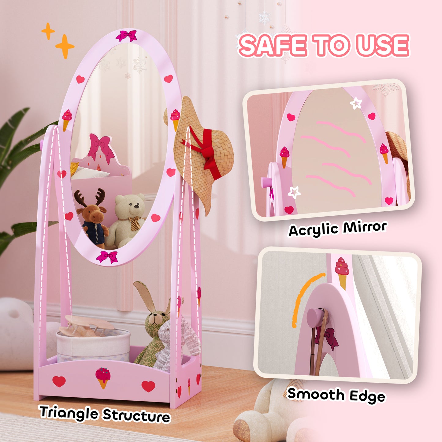 AIYAPLAY Two Piece Kids Clothes Rail and Dressing Mirror Set With 360 Degree Rotating Mirror and Storage Shelves Pink