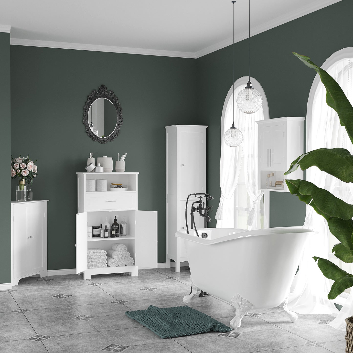Kleankin Tall Bathroom Storage Unit Slim Cabinet With Adjustable Shelves And Double Doors White