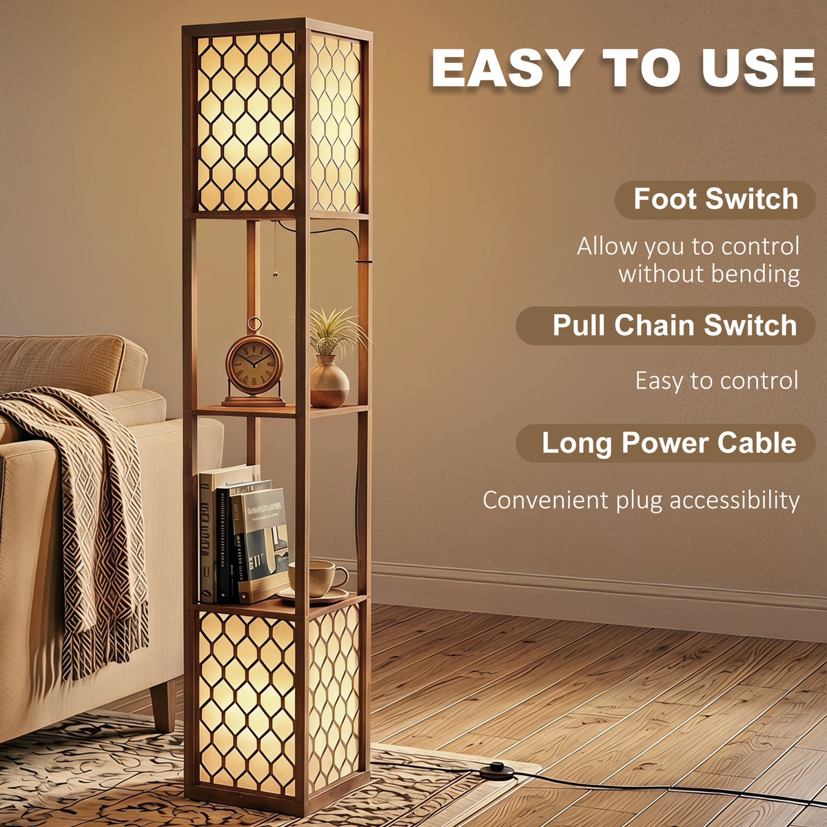 Rustic brown standing lamp with dual glass lattice shades, storage cubbies, and pull chain.