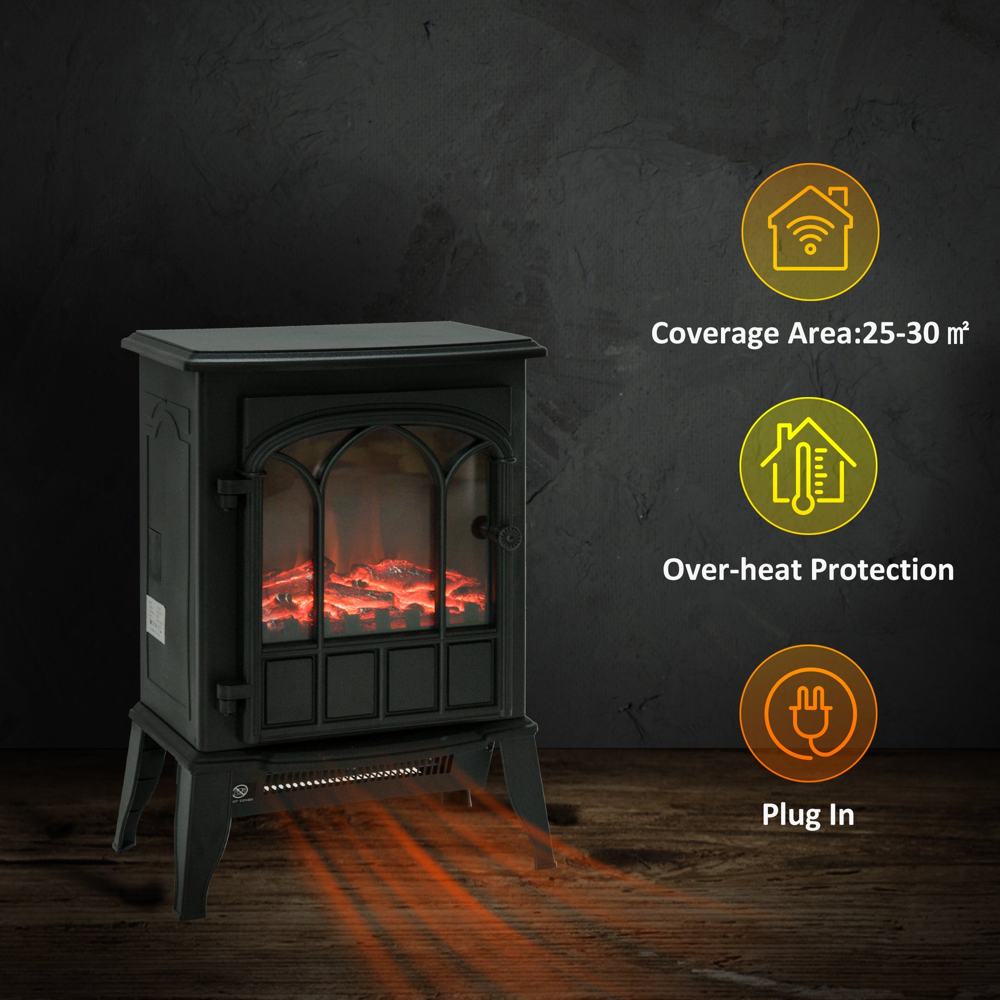 HOMCOM Stylish Black Electric Fireplace Heater with Independent Flame Effect, 1000W/2000W - ALL4U RETAILER LTD