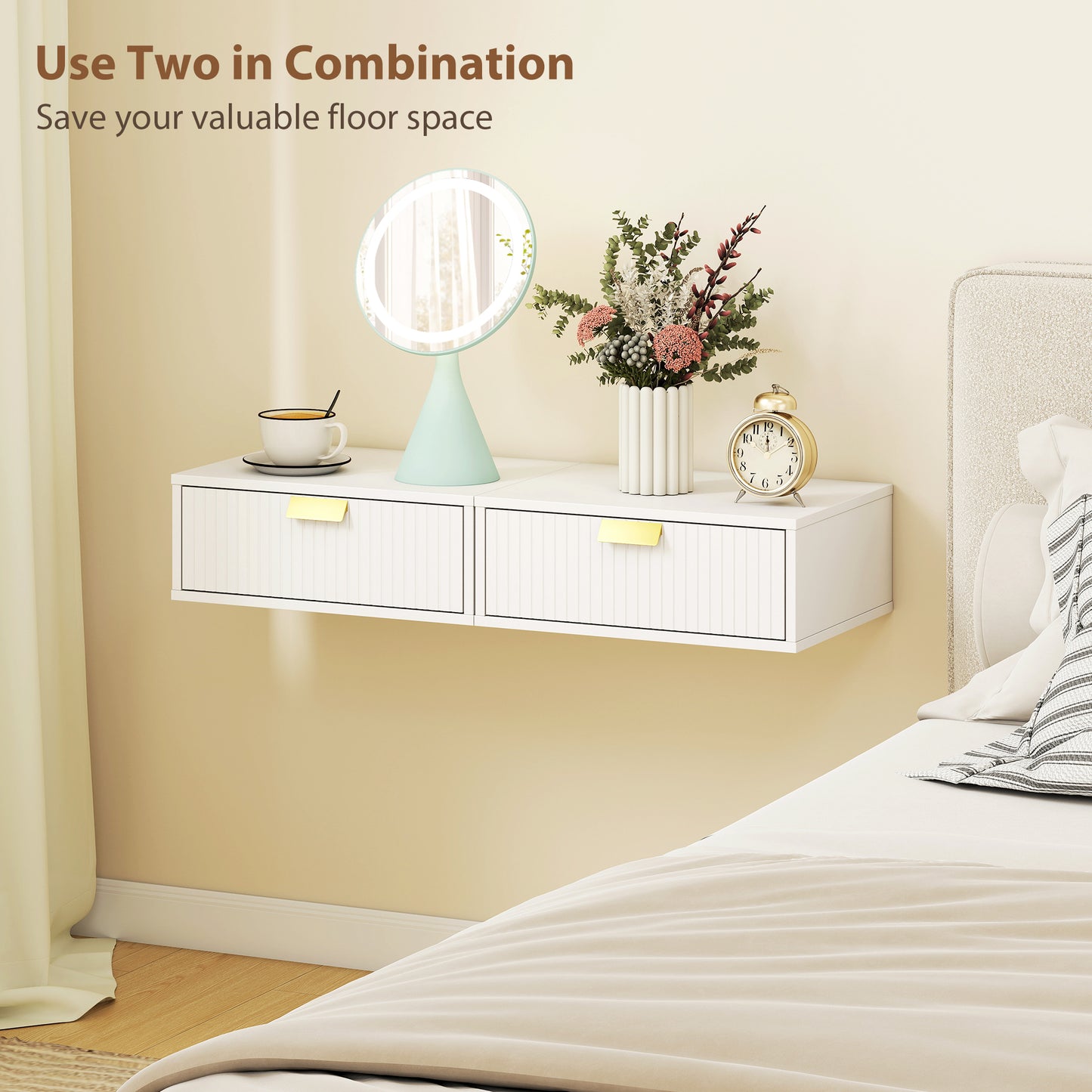 HOMCOM Floating Nightstands Set of 2 Wall Mounted Bedside Tables With Wave Drawer White Finish