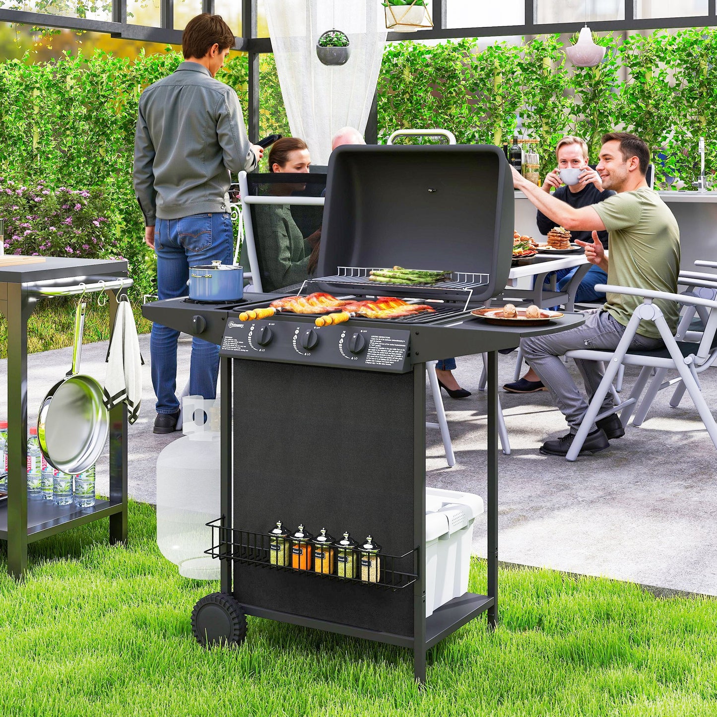 Outsunny Four Burner Gas Grill BBQ With Side Burner Warming Rack 1776 Cm2 Grilling Area Black