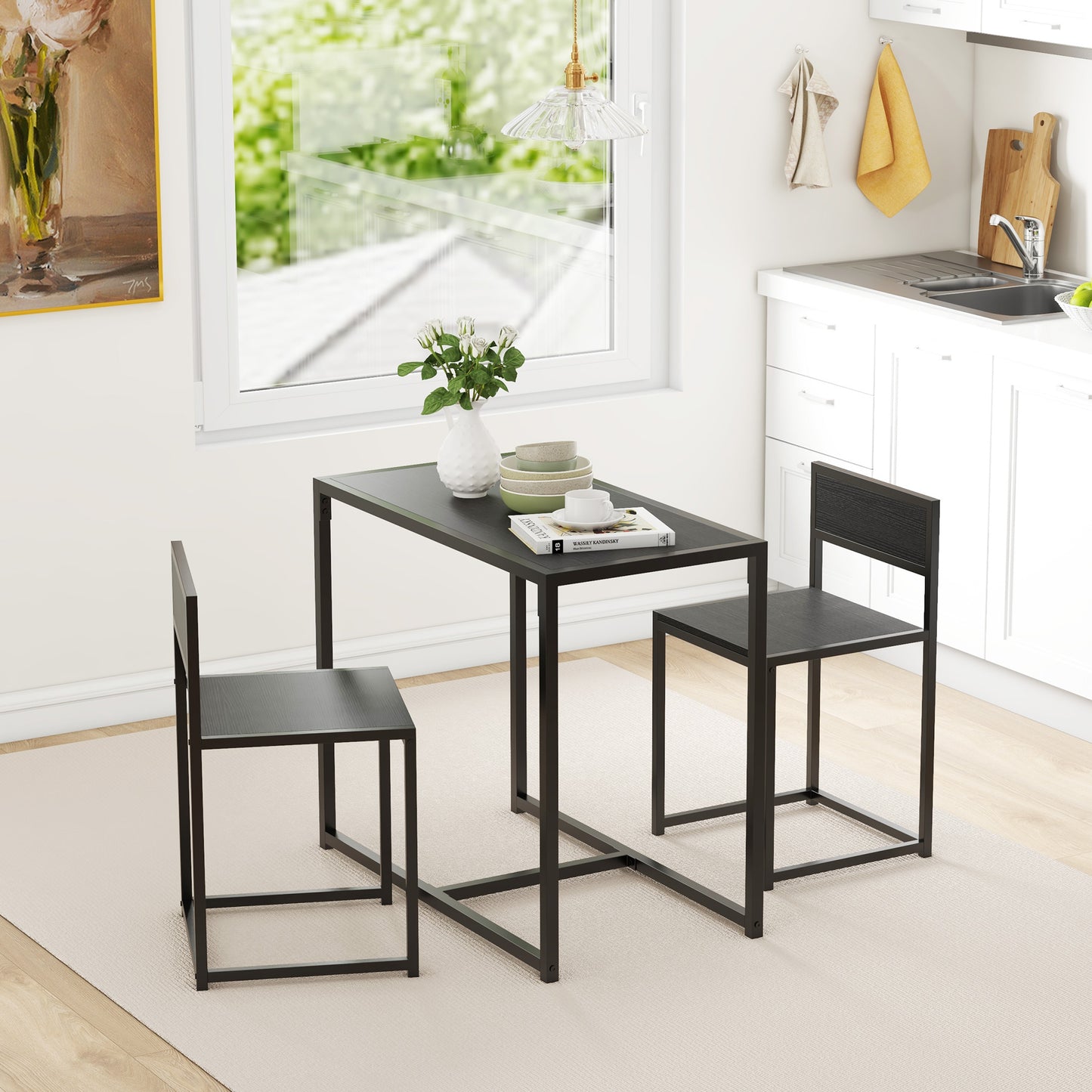 HOMCOM 2 Piece Dining Table and Chairs Set For Compact Kitchens Rectangular Space Saving Steel Frame Black