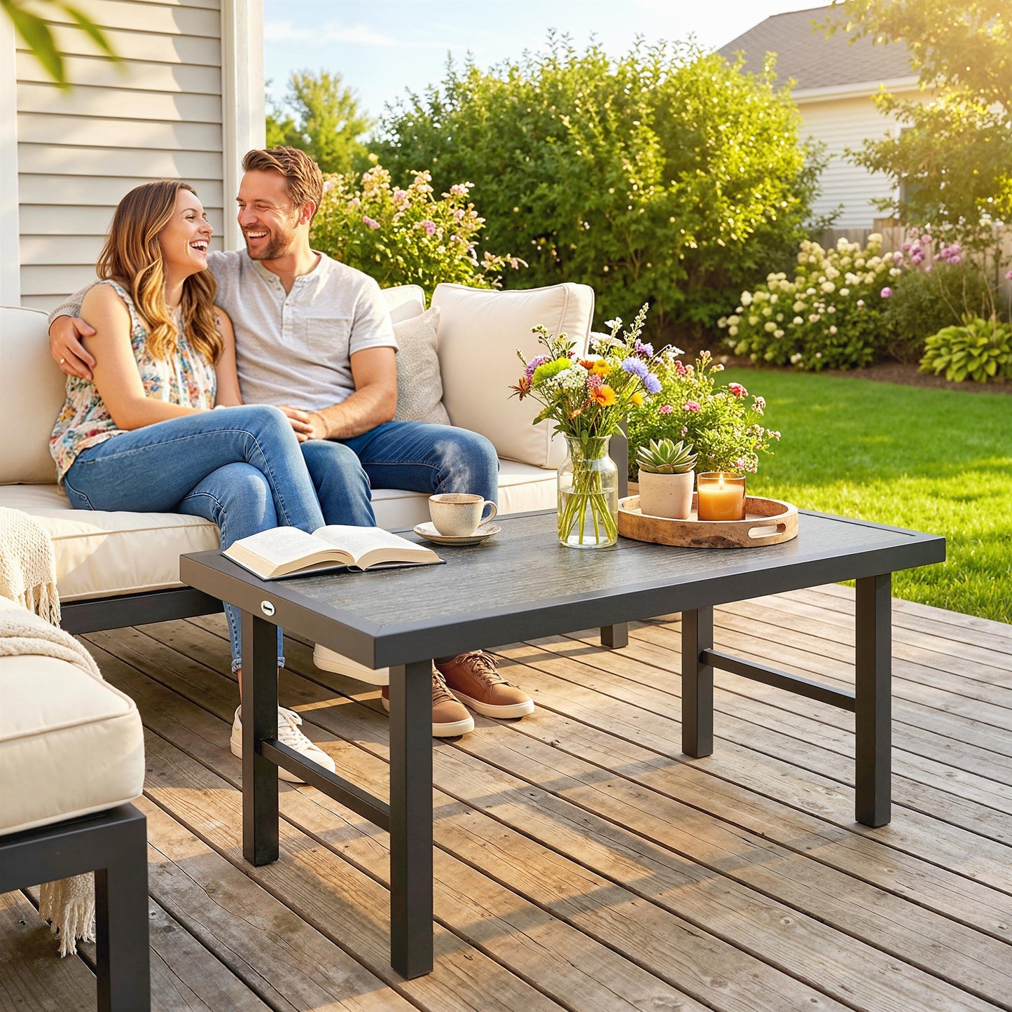 Outsunny Metal Garden Coffee Table With SPC Woodgrain Tabletop 100 x 52 x 46 cm Outdoor Side Table Dark Grey