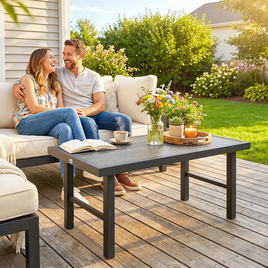 Outsunny Metal Garden Coffee Table With SPC Woodgrain Tabletop 100 x 52 x 46 cm Outdoor Side Table Dark Grey