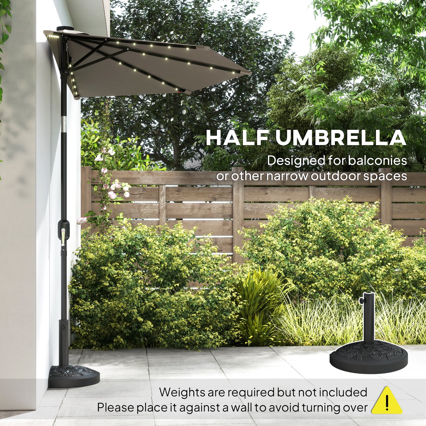 Outsunny 2.6 m Half Garden Parasol Solar LED Lights UPF50 Semi Round Umbrella 30 Degree Tilt Crank Handle Dark Grey