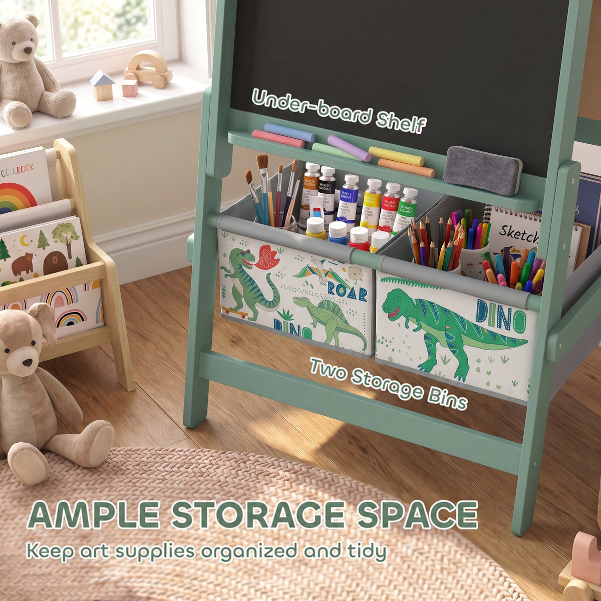 Mint green art easel with under-board shelf, sketch tray, and crayon storage bins
