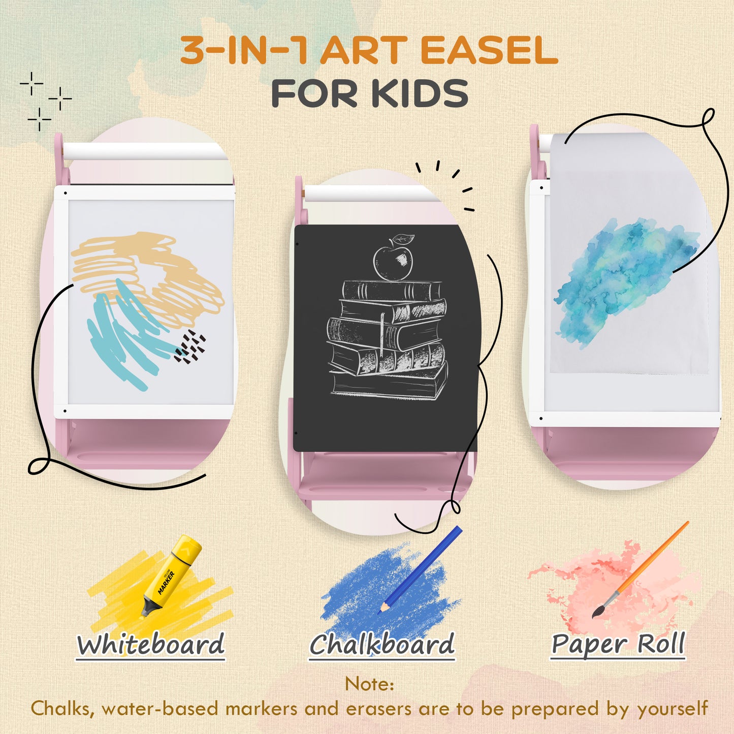 AIYAPLAY Three In One Kids Easel With Paper Roll Blackboard Whiteboard Adjustable Height Pink