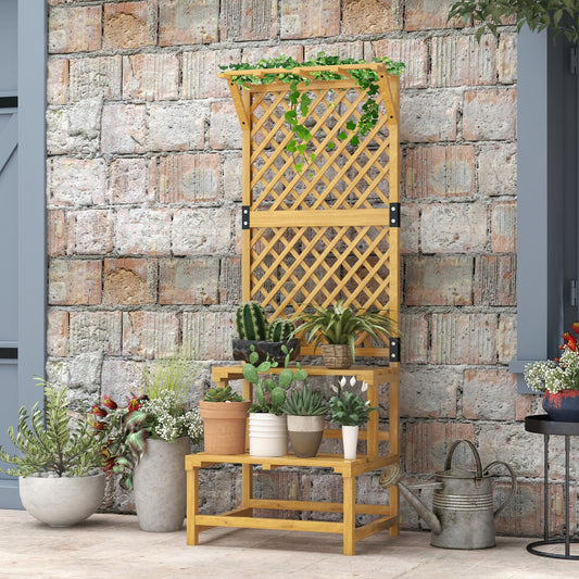 Outsunny Wooden Plant Stand With Trellis Natural Finish Three Part Design For Plants Flowers Vines