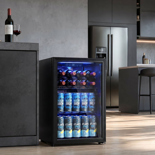 HOMCOM 70L Under Counter Drinks Fridge With LED Light Freestanding Beer Cooler For 70 Cans Or 21 Bottles